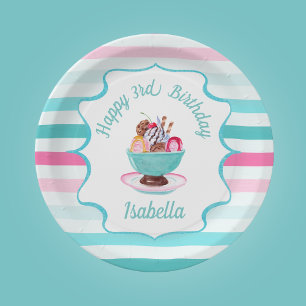 Watercolor Ice Cream Sundae Birthday Paper Plate