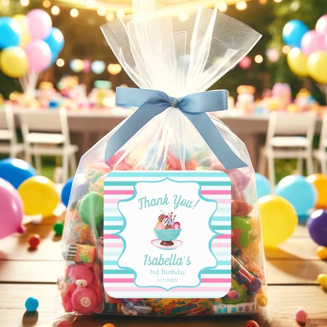 Watercolor Ice Cream Sundae Birthday Square Sticker (Creator Uploaded)