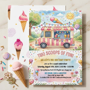 Watercolor Ice Cream Truck Girls 2nd Birthday Invitation