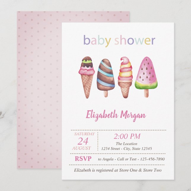 Watercolor Ice creams Dots Baby Shower  Invitation (Front/Back)