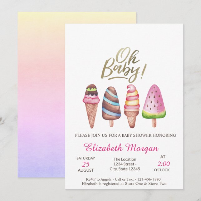 Watercolor Ice creams Oh Baby Summer Baby Shower Invitation (Front/Back)