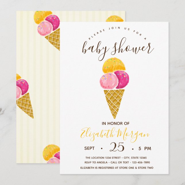 Watercolor Ice creams,Stripes Baby Shower  Invitation (Front/Back)
