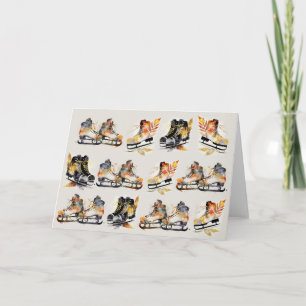 Watercolor Ice Skates with Autumn Leaves Pattern   Card