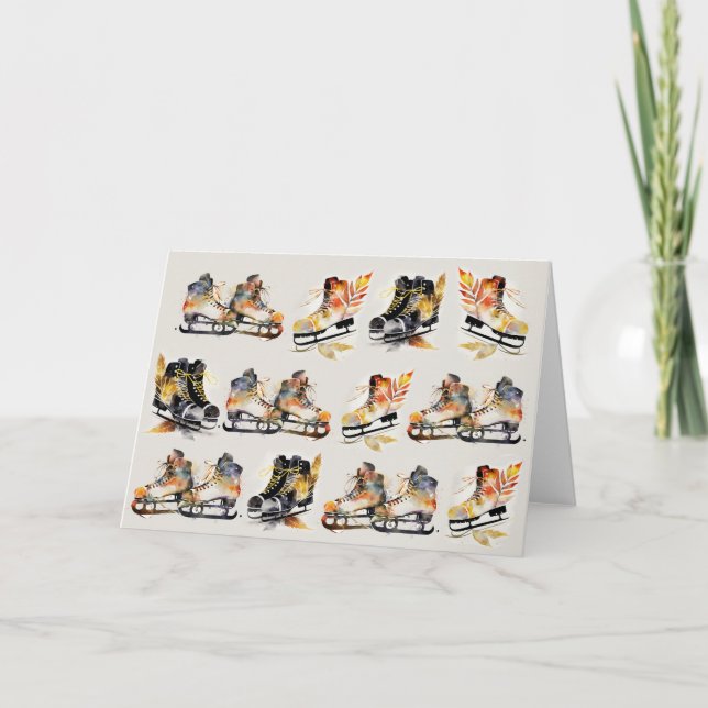 Watercolor Ice Skates with Autumn Leaves Pattern   Card (Front)