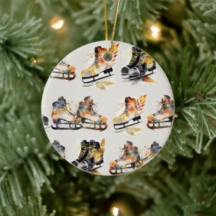 Watercolor Ice Skates with Autumn Leaves Pattern   Ceramic Tree Decoration