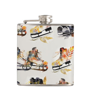 Watercolor Ice Skates with Autumn Leaves Pattern   Hip Flask