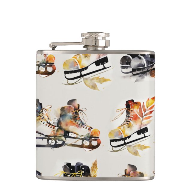 Watercolor Ice Skates with Autumn Leaves Pattern   Hip Flask (Front)