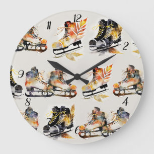 Watercolor Ice Skates with Autumn Leaves Pattern Large Clock