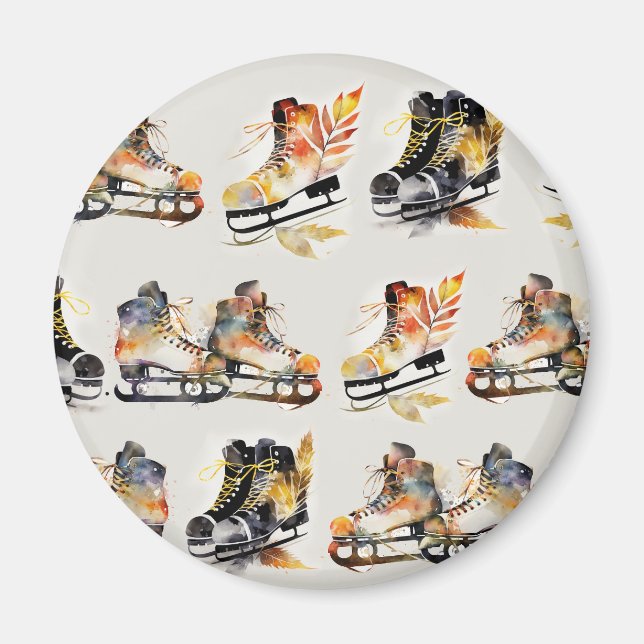 Watercolor Ice Skates with Autumn Leaves Pattern   Magnet (Front)