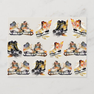 Watercolor Ice Skates with Autumn Leaves Pattern   Postcard