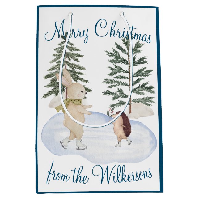 Watercolor Ice Skating Forest Animals Medium Gift Bag (Front)