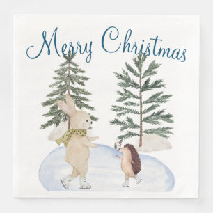 Watercolor Ice Skating Forest Animals Napkin