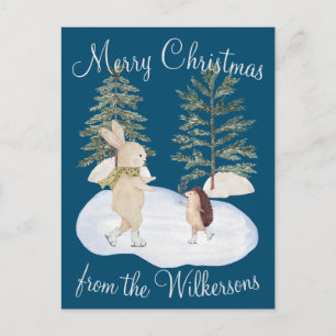Watercolor Ice Skating Forest Animals on Blue Postcard