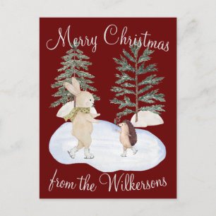 Watercolor Ice Skating Forest Animals on Burgundy Postcard