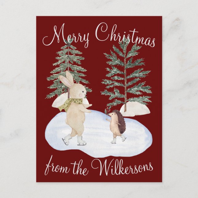 Watercolor Ice Skating Forest Animals on Burgundy Postcard (Front)