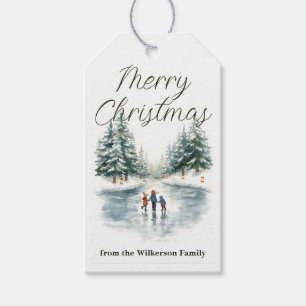 Watercolor Ice Skating on Frozen Lake Personalised Gift Tags