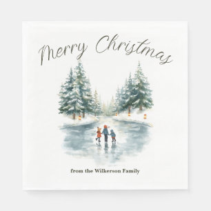 Watercolor Ice Skating on Frozen Lake Personalised Napkin