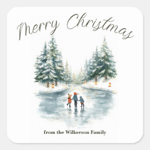 Watercolor Ice Skating on Frozen Lake Personalised Square Sticker