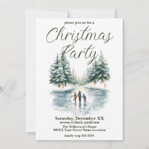 Watercolor Ice Skating on Frozen Winter Lake Invitation