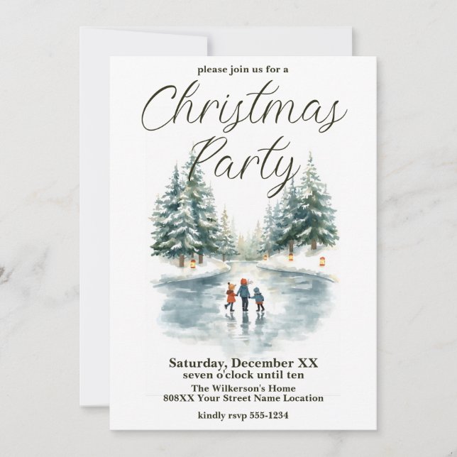 Watercolor Ice Skating on Frozen Winter Lake Invitation (Front)