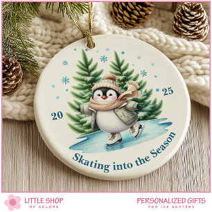 Watercolor Ice Skating Penguin Personalised Ceramic Tree Decoration
