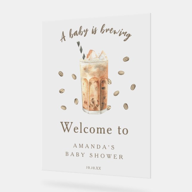 Watercolor Iced Coffee Frappe Baby Shower Acrylic Sign (Angle)