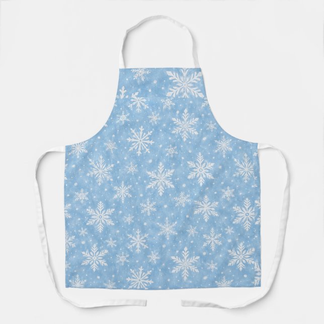 Watercolor Icy Blue Snowflake Pattern Apron (Front)