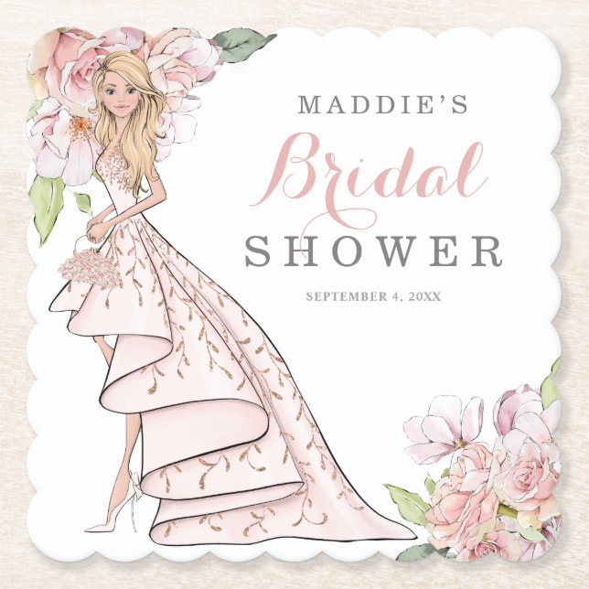 Watercolor Illustrated Bride Bridal Shower Square  Paper Coaster (Front)