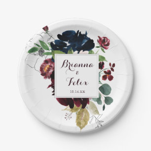 Watercolor Illustrated Fall Floral Wedding Cake Paper Plate