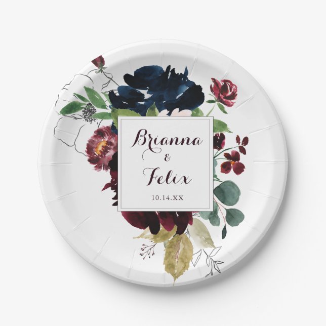 Watercolor Illustrated Fall Floral Wedding Cake Paper Plate (Front)