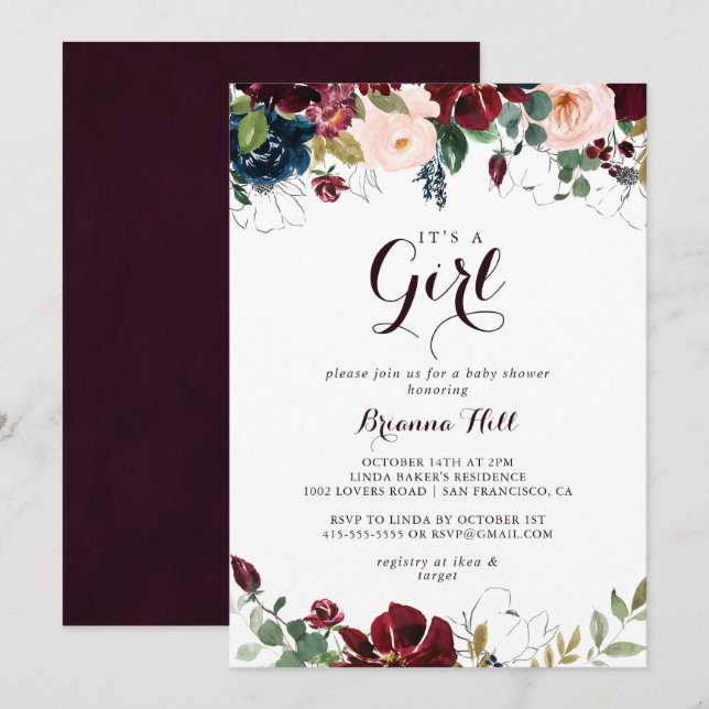Watercolor Illustrated It's A Girl Baby Shower Invitation (Front/Back)