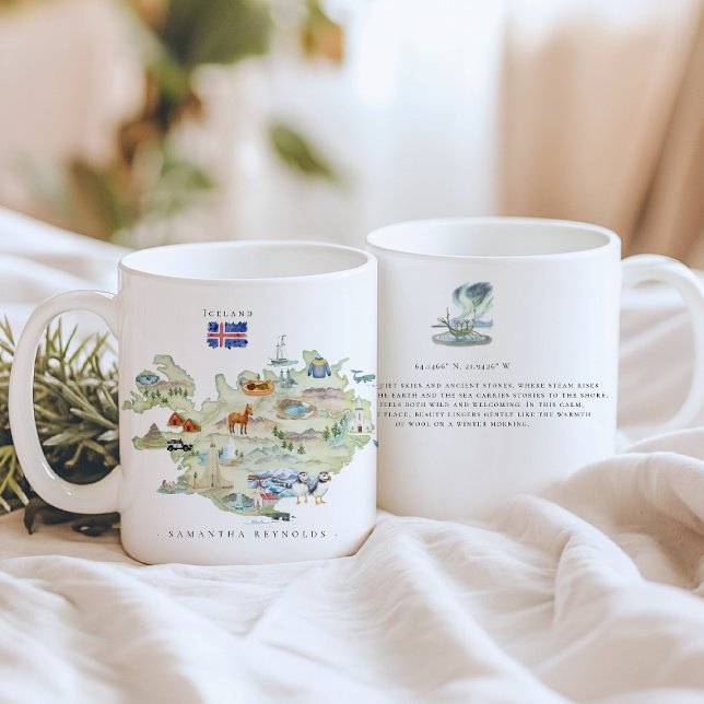 Watercolor Illustrated Map Iceland | Monogram Coffee Mug (Creator Uploaded)