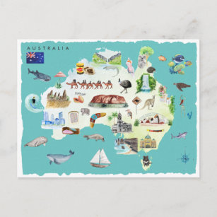 Watercolor Illustrated Map of Australia Postcard
