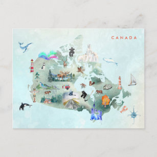 Watercolor Illustrated Map of Canada Art Postcard