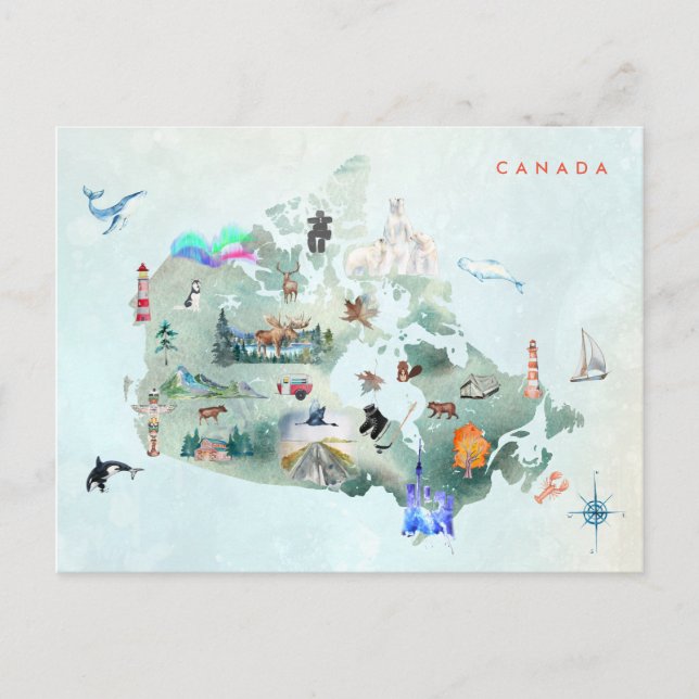 Watercolor Illustrated Map of Canada Art Postcard (Front)