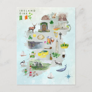 Watercolor Illustrated Map of Ireland Art Postcard