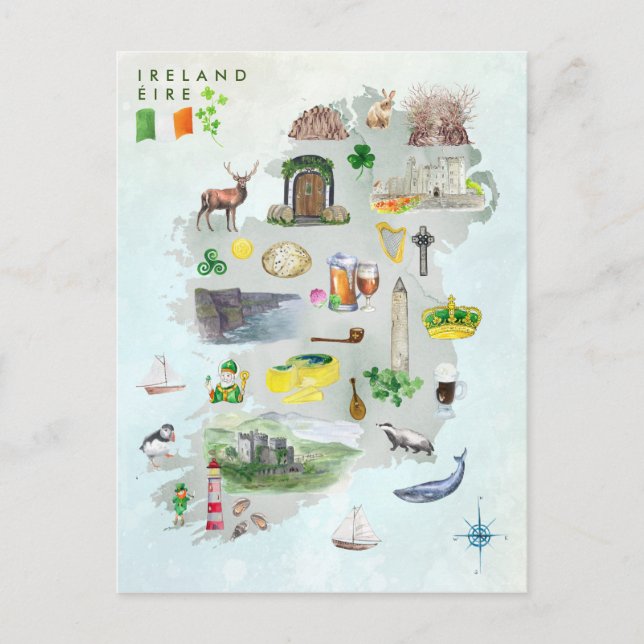 Watercolor Illustrated Map of Ireland Art Postcard (Front)