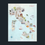 Watercolor Illustrated Map of Italy Art Postcard<br><div class="desc">A perfect piece of art for for anyone that loves Italy. Add your custom wording to this design by using the "Edit this design template" boxes on the right hand side of the item, or click the blue "Customise it" button to arrange the text, change the fonts and colours and...</div>