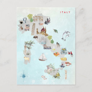 Watercolor Illustrated Map of Italy Art Postcard
