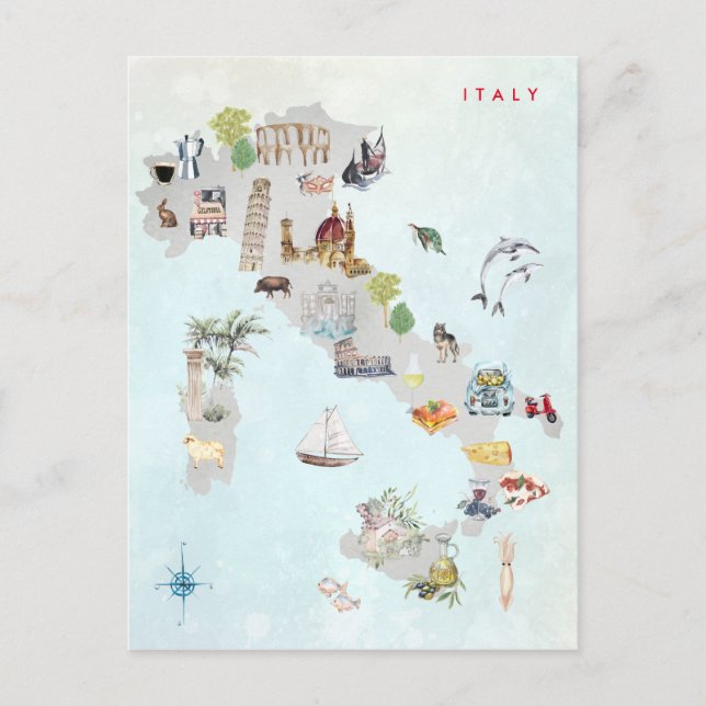 Watercolor Illustrated Map of Italy Art Postcard (Front)