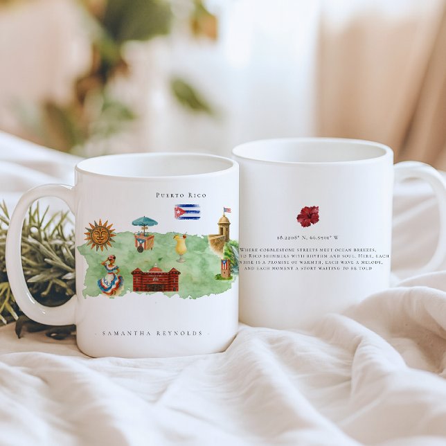 Watercolor Illustrated Map Puerto Rico | Monogram Coffee Mug (Creator Uploaded)