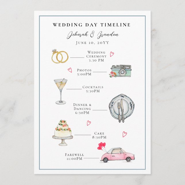 Watercolor Illustrated wedding day Programme (Front)