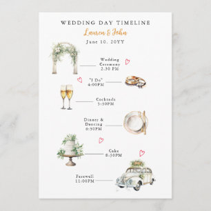 Watercolor Illustrated wedding day timeline Programme