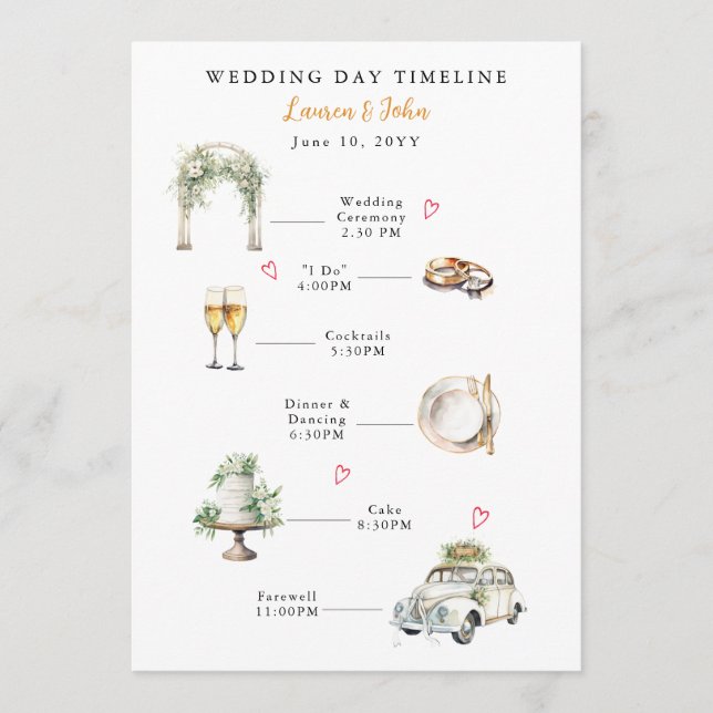 Watercolor Illustrated wedding day timeline Programme (Front)