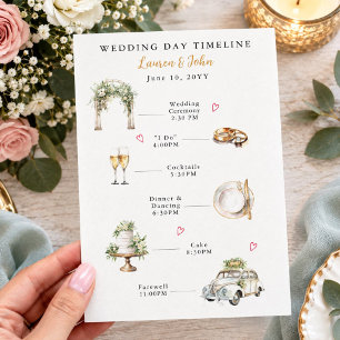 Watercolor Illustrated wedding day timeline Programme