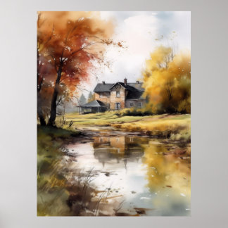 Watercolor Illustration Autumn Scenery Print