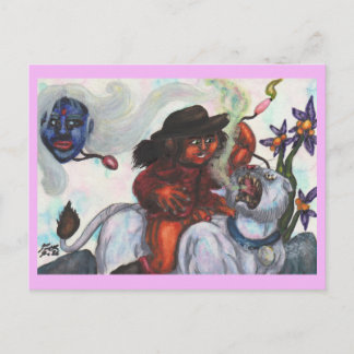 Watercolor Illustration Eros riding white Lioness Holiday Postcard