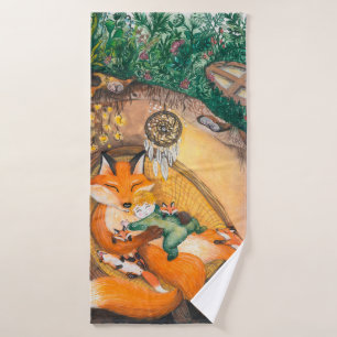 watercolor illustration of a burrow dad fox on a c bath towel