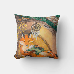 watercolor illustration of a burrow dad fox on a c cushion