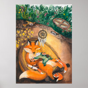 watercolor illustration of a burrow dad fox on a c poster